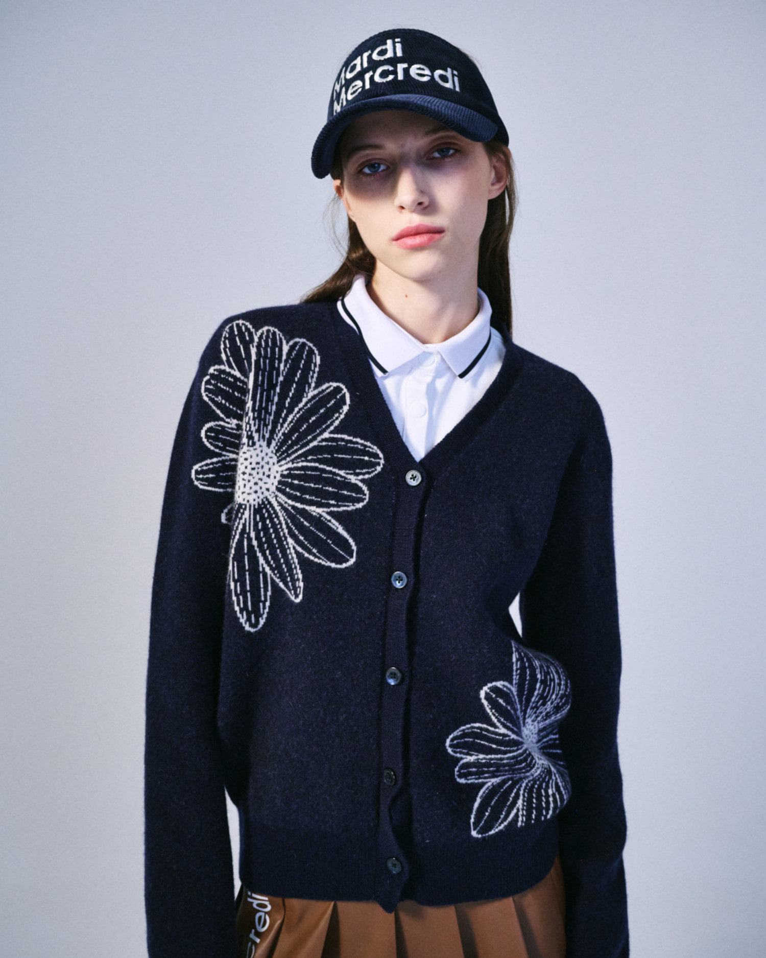 CASHMERE BLENDED CARDIGAN DUO FLOWERS_NAVY IVORY